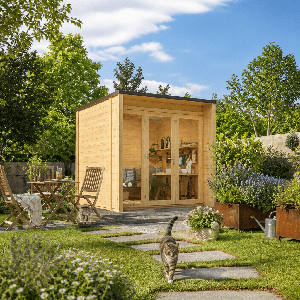26% Rabatt ✓ 4 × 4 m | Gartenhütte Office Box Größe S nat | Terrasse | modern | Massivholz