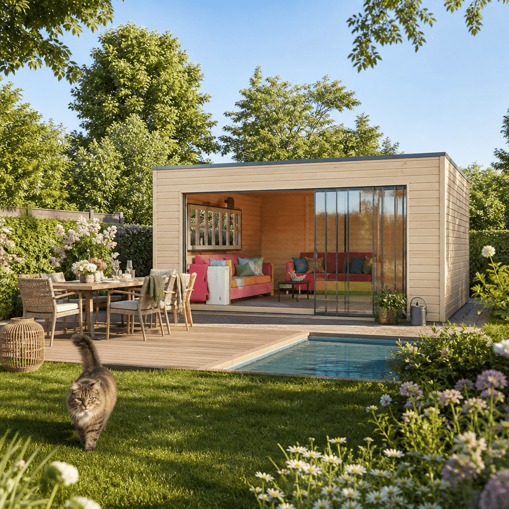 26% Rabatt ✓ 5 × 5 m | Gartenhütte Q-BIC Alu 70 E | Schiebetür | Massivholz