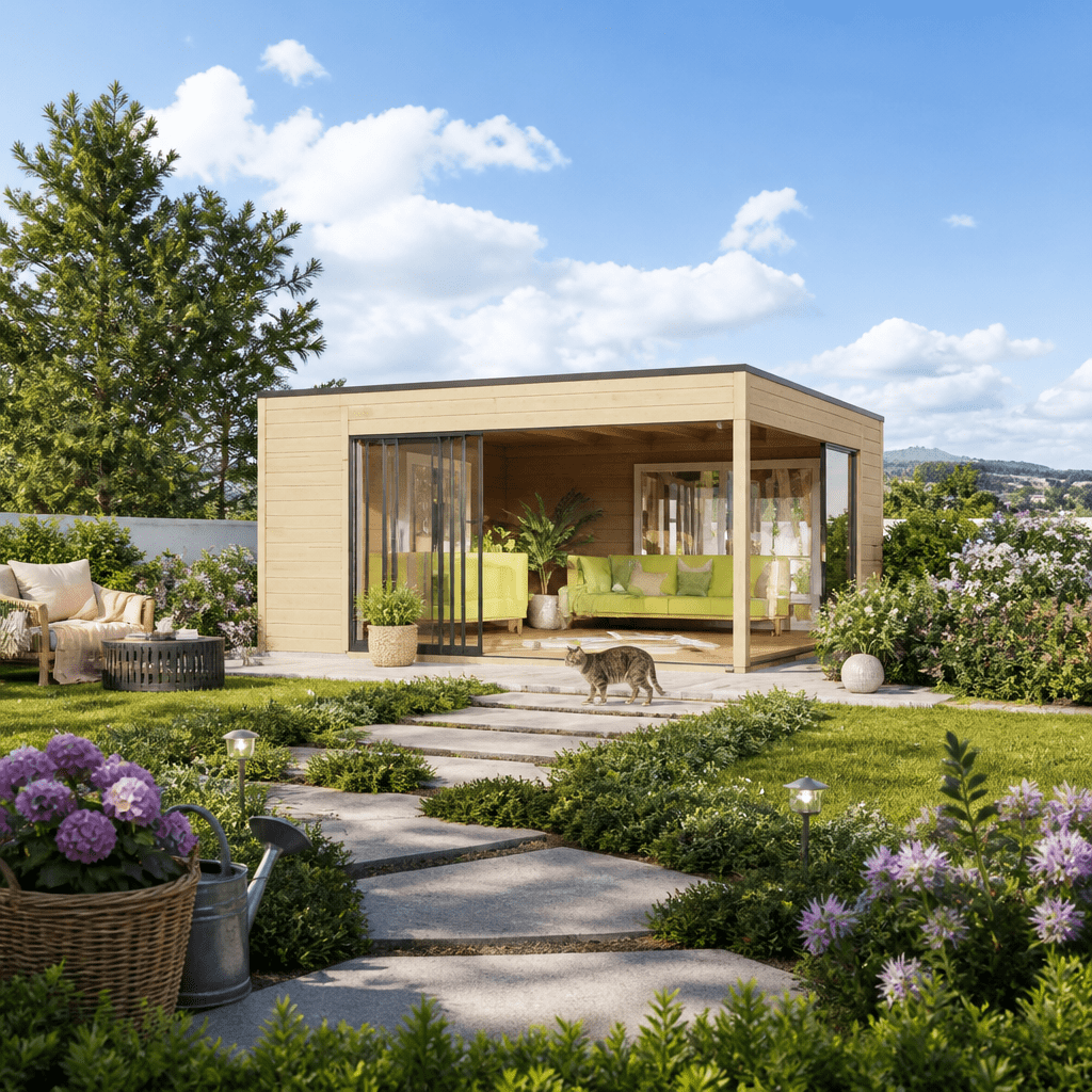 26% Rabatt ✓ 5 × 5 m | Gartenhütte Q-BIC Alu 70 F | Schiebetür | Massivholz