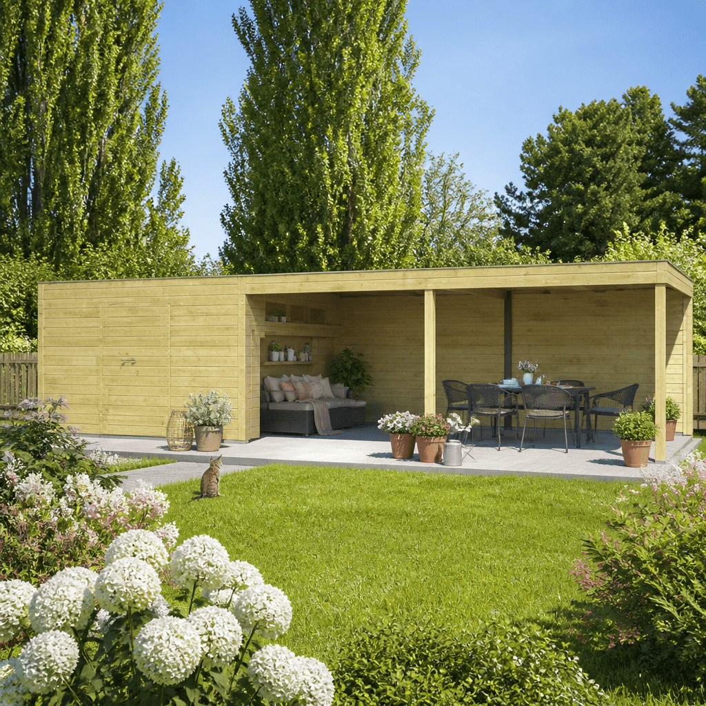 26% Rabatt ✓ 13 × 5 m | Gartenhütte QB-Line 12,60 m² + 600 cm Anbau | Pultdach | Flachdach | modern