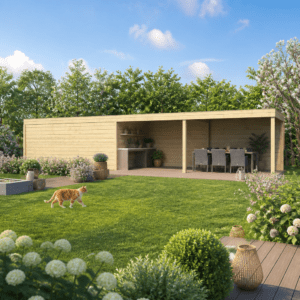 26% Rabatt ✓ 16 × 4 m | Gartenhütte QB-Line 15,30 m² + 600 cm Anbau | Pultdach | Flachdach | modern Unkategorisiert online kaufen