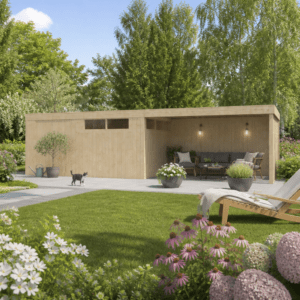 26% Rabatt ✓ 6 × 4 m | Gartenhütte QBV-Line 14,90 m² + 400 cm Anbau | Pultdach | Flachdach | modern Unkategorisiert online kaufen