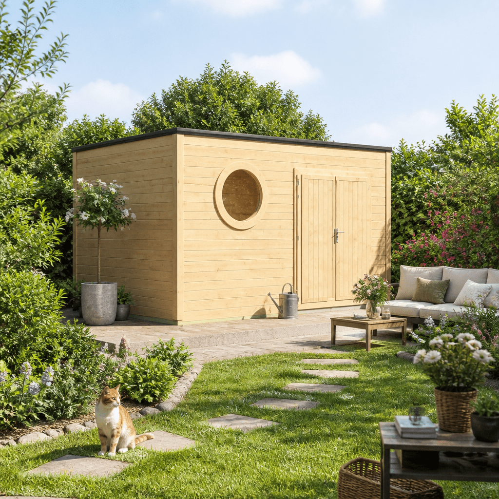 26% Rabatt ✓ 4 × 3 m | Gartenhütte Rondo 40 C | modern | Massivholz