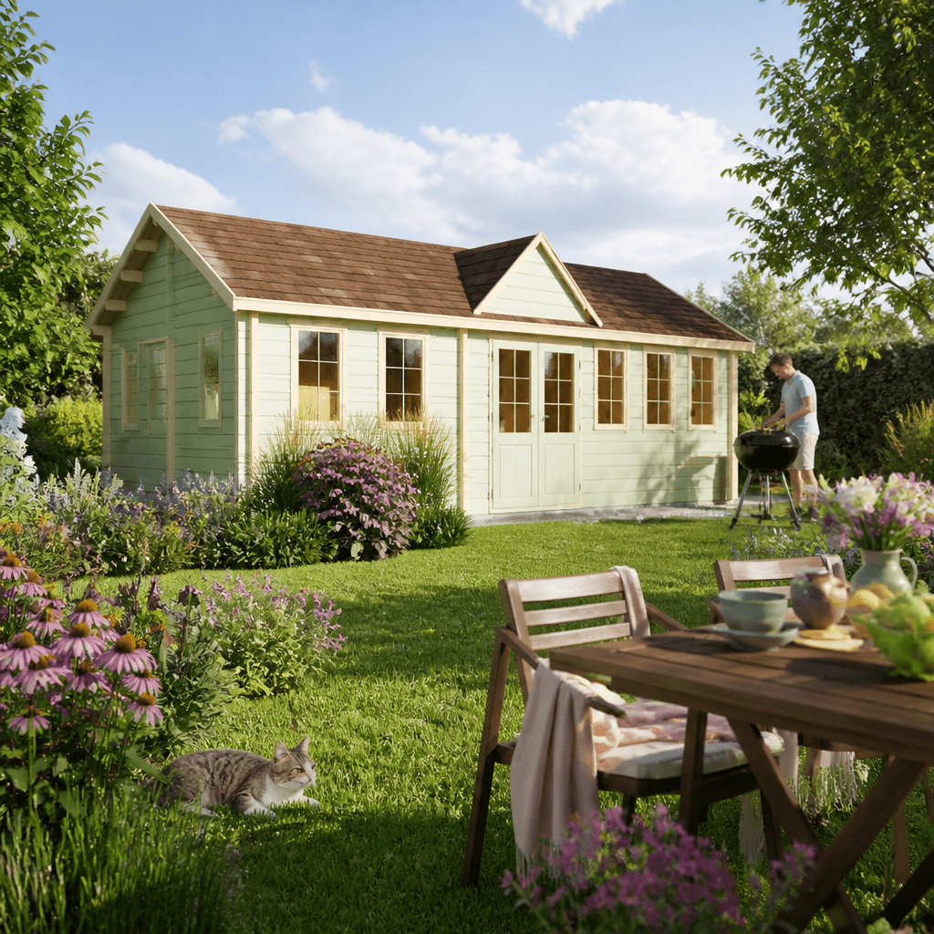 26% Rabatt ✓ 12 × 6 m | Gartenhütte Teehaus Bristol 70 | klassisch | Massivholz