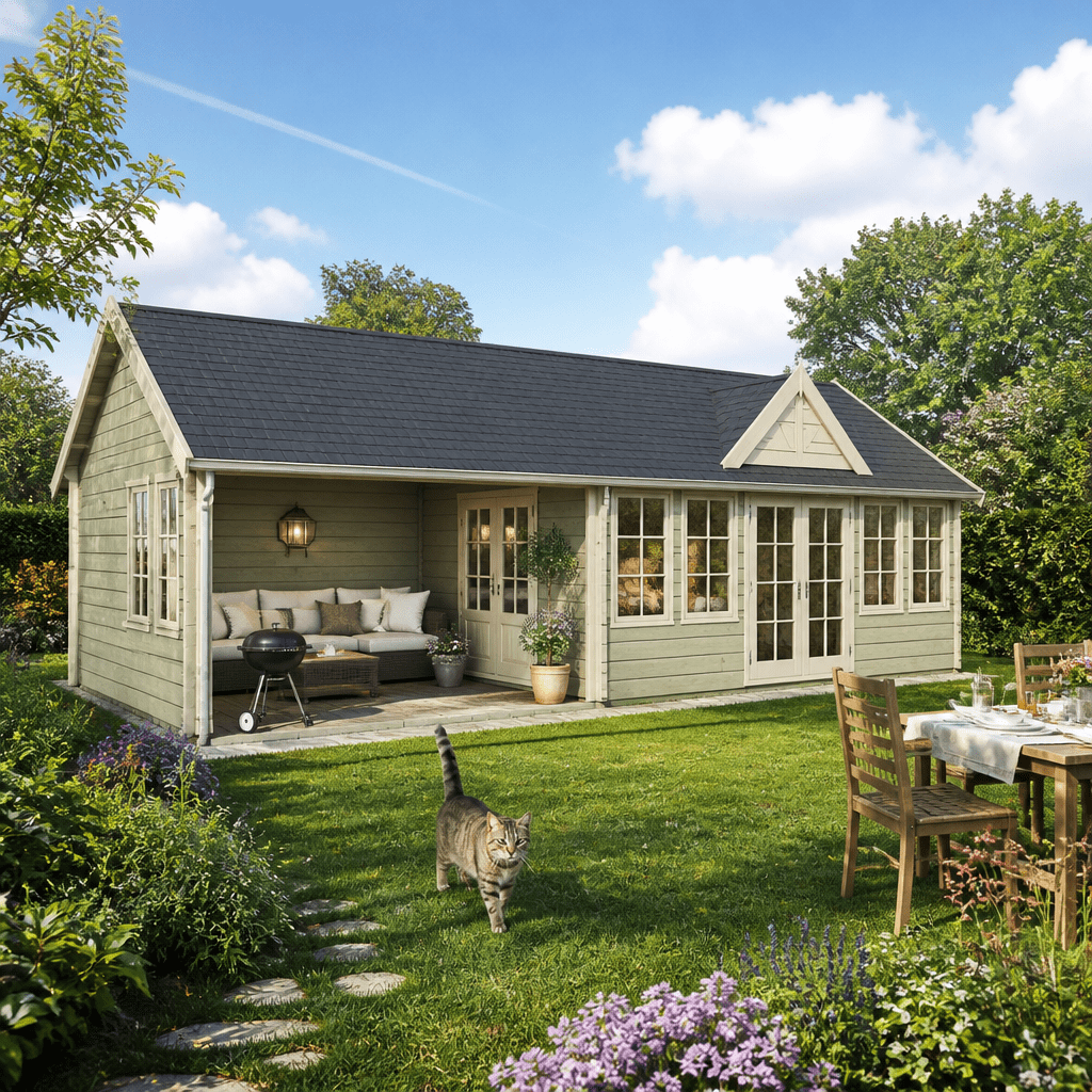 26% Rabatt ✓ 12 × 6 m | Gartenhütte Teehaus Kensington 44 | Massivholz