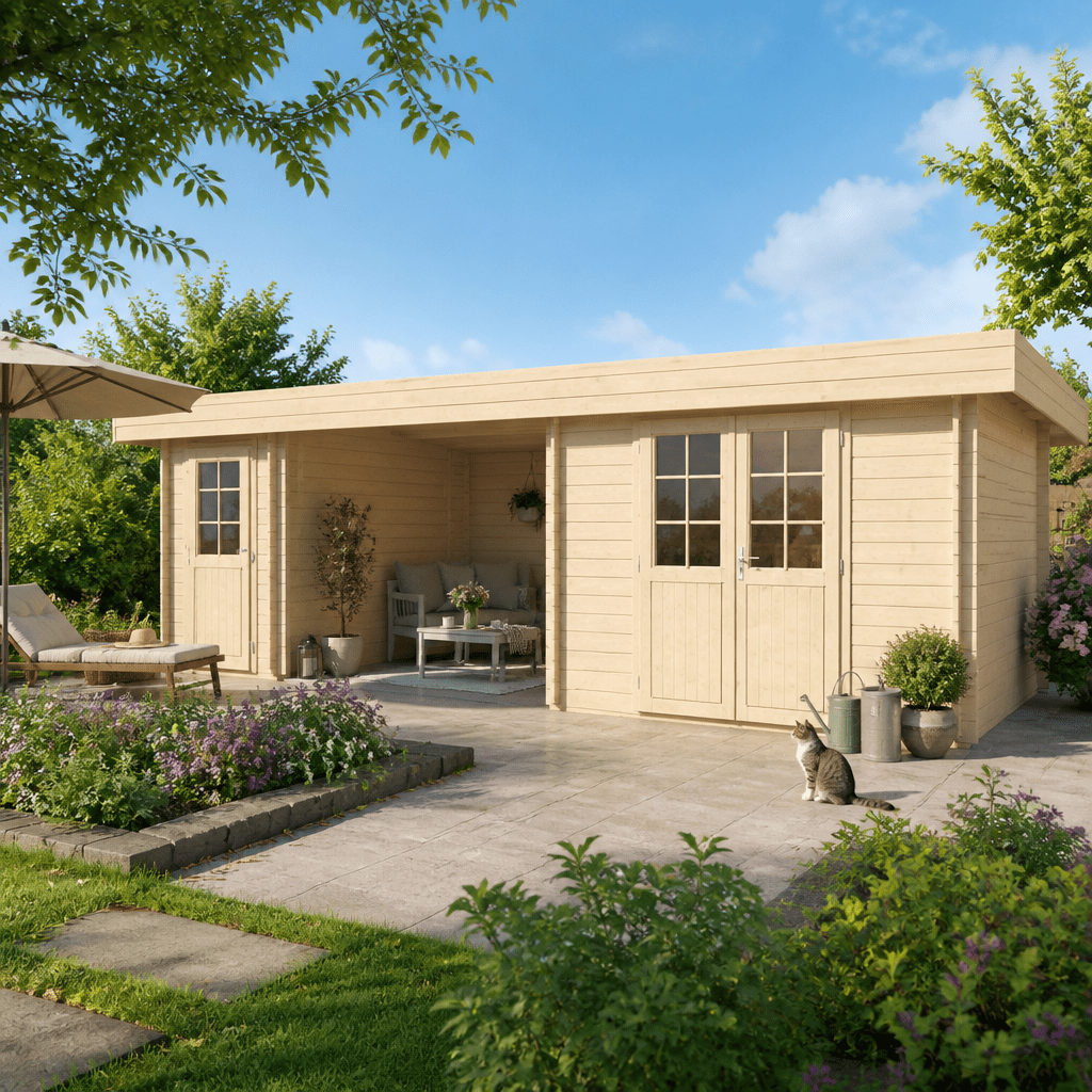 26% Rabatt ✓ Gartenhütte Vaasa 44 | Flachdach | modern | Massivholz | 8 × 3 m
