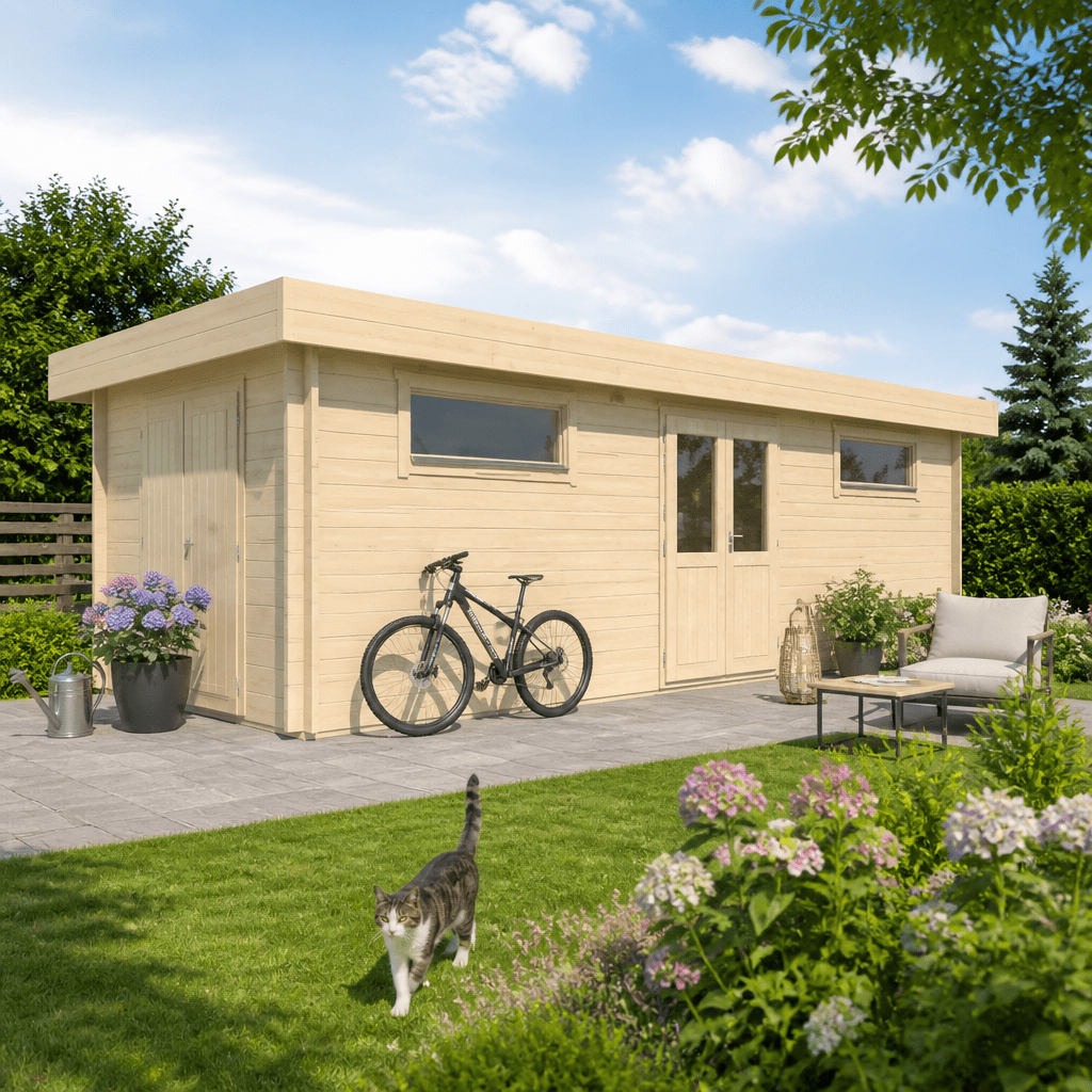 26% Rabatt ✓ Gartenhütte Vaud 44 | Flachdach | modern | Massivholz | 8 × 3 m