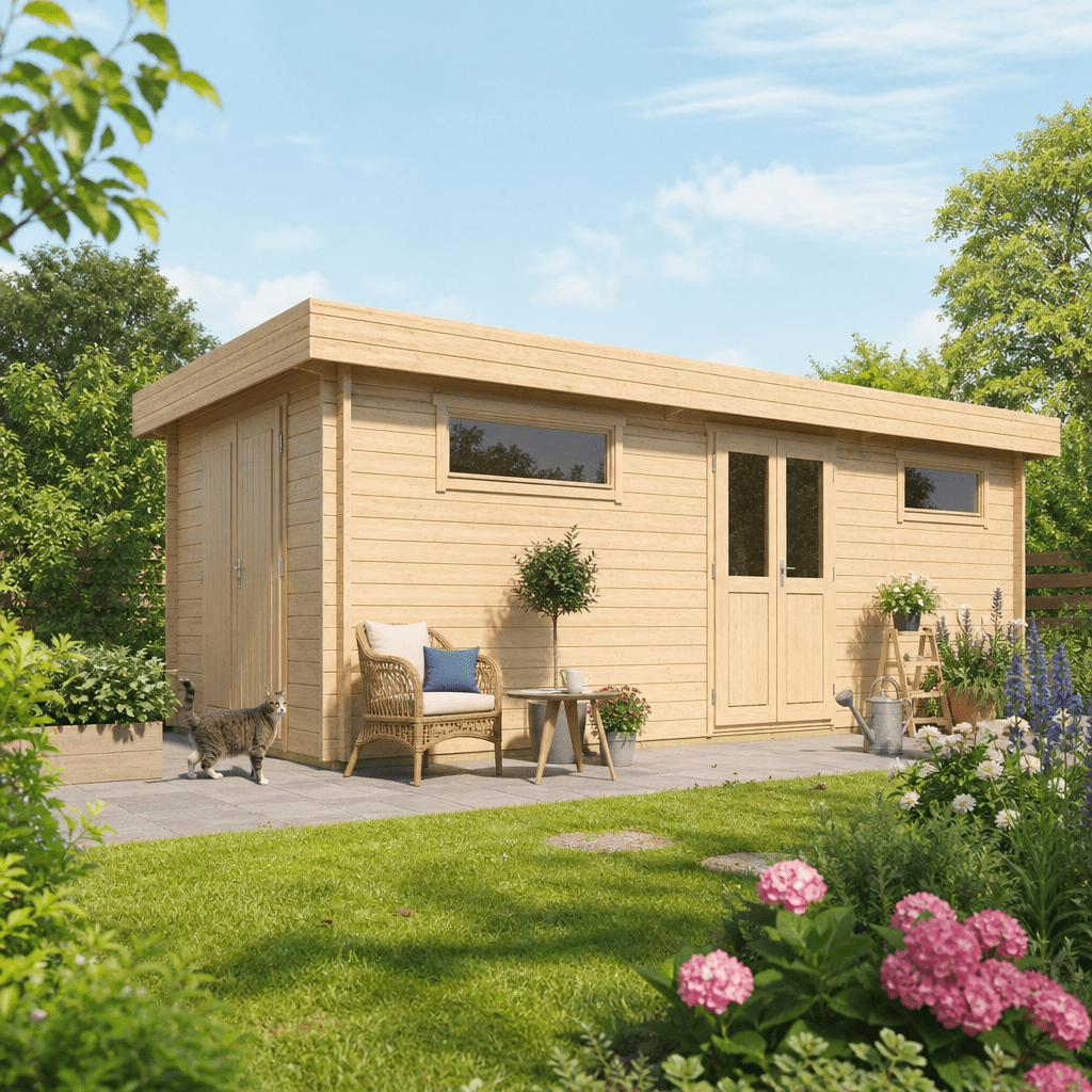 26% Rabatt ✓ Gartenhütte Vaud 70 | Flachdach | modern | Massivholz | 8 × 3 m