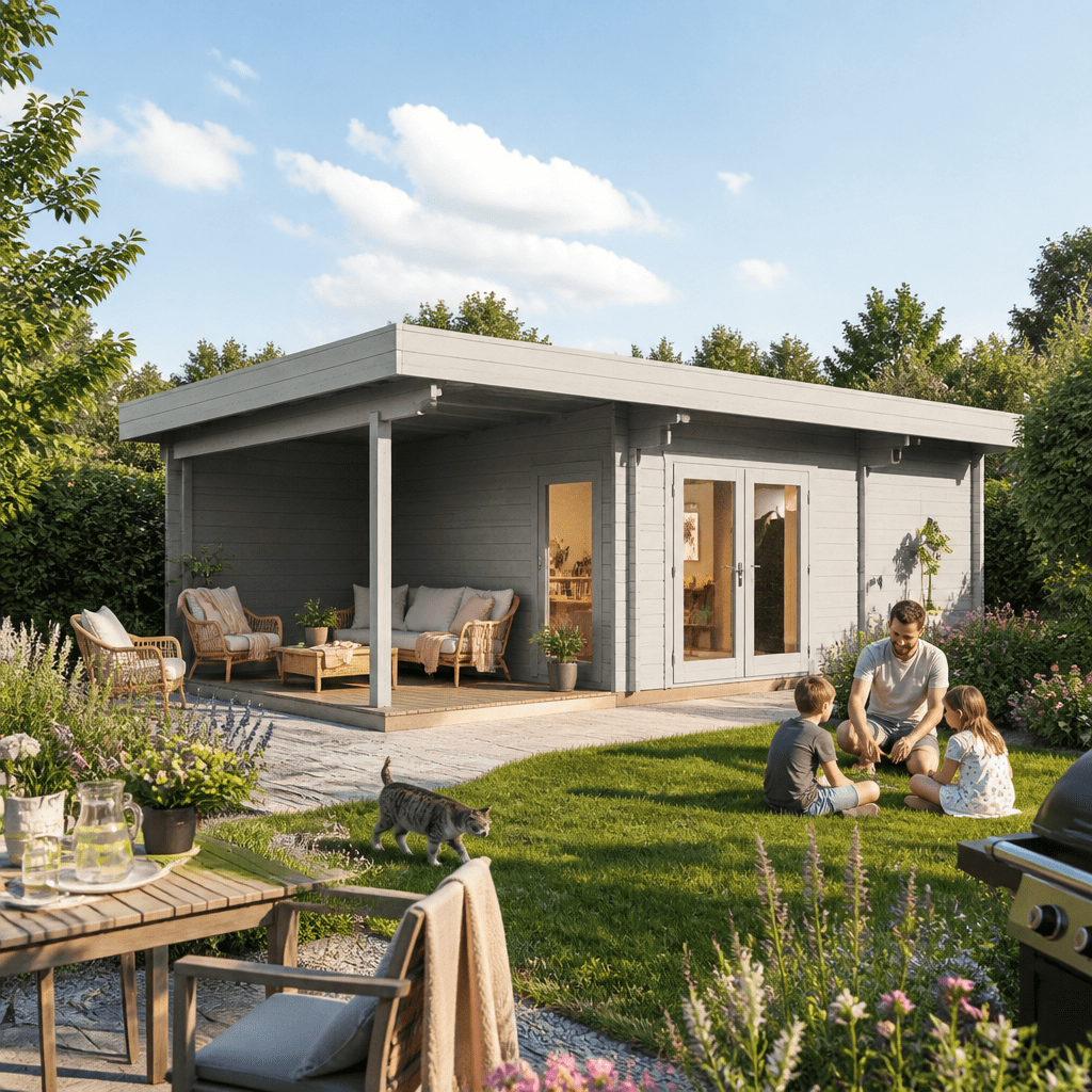 26% Rabatt ✓ 6 × 4 m | Gartenhütte Gartenlounge Petra 44 C mit Anbau | Terrasse | modern | Massivholz