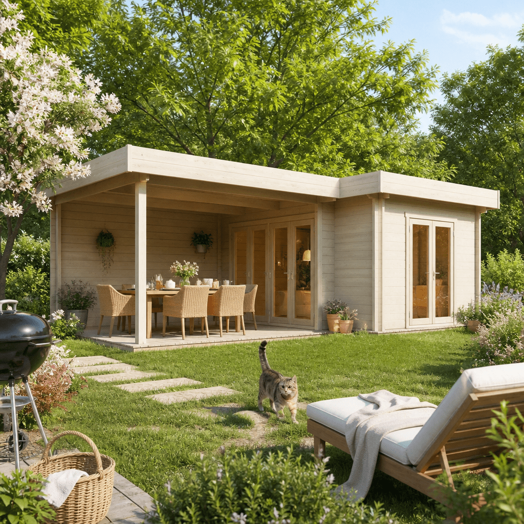 26% Rabatt ✓ Gartenhütte Gartenlounge Sandra 44 E | modern | Massivholz | 8 × 6 m