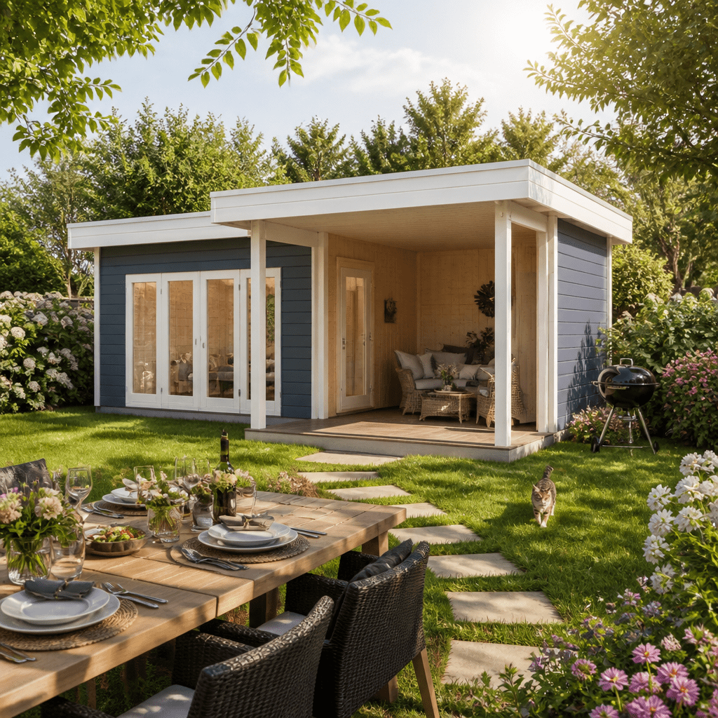 26% Rabatt ✓ 7 × 5 m | Gartenhütte Gartenlounge Sandra 44 F | modern | Massivholz