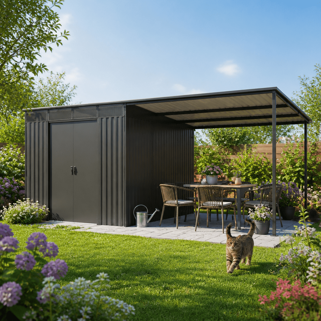27% Rabatt ✓ 6 × 4 m | Metall Gerätehaus Lübeck 12,36 m² | Schiebetür | Pultdach | Schleppdach | modern