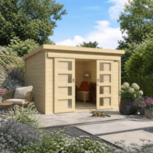25% Rabatt ✓ 3 × 3 m | Pultdach Gartenhütte Ella 28-C mit Schiebetü | Schiebetür | modern | Massivholz Unkategorisiert online kaufen