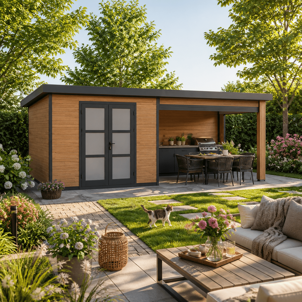 26% Rabatt ✓ 6 × 3 m | WPC Gartenhütte mit Lounge FineLine 16,90 m² | Anbau | modern