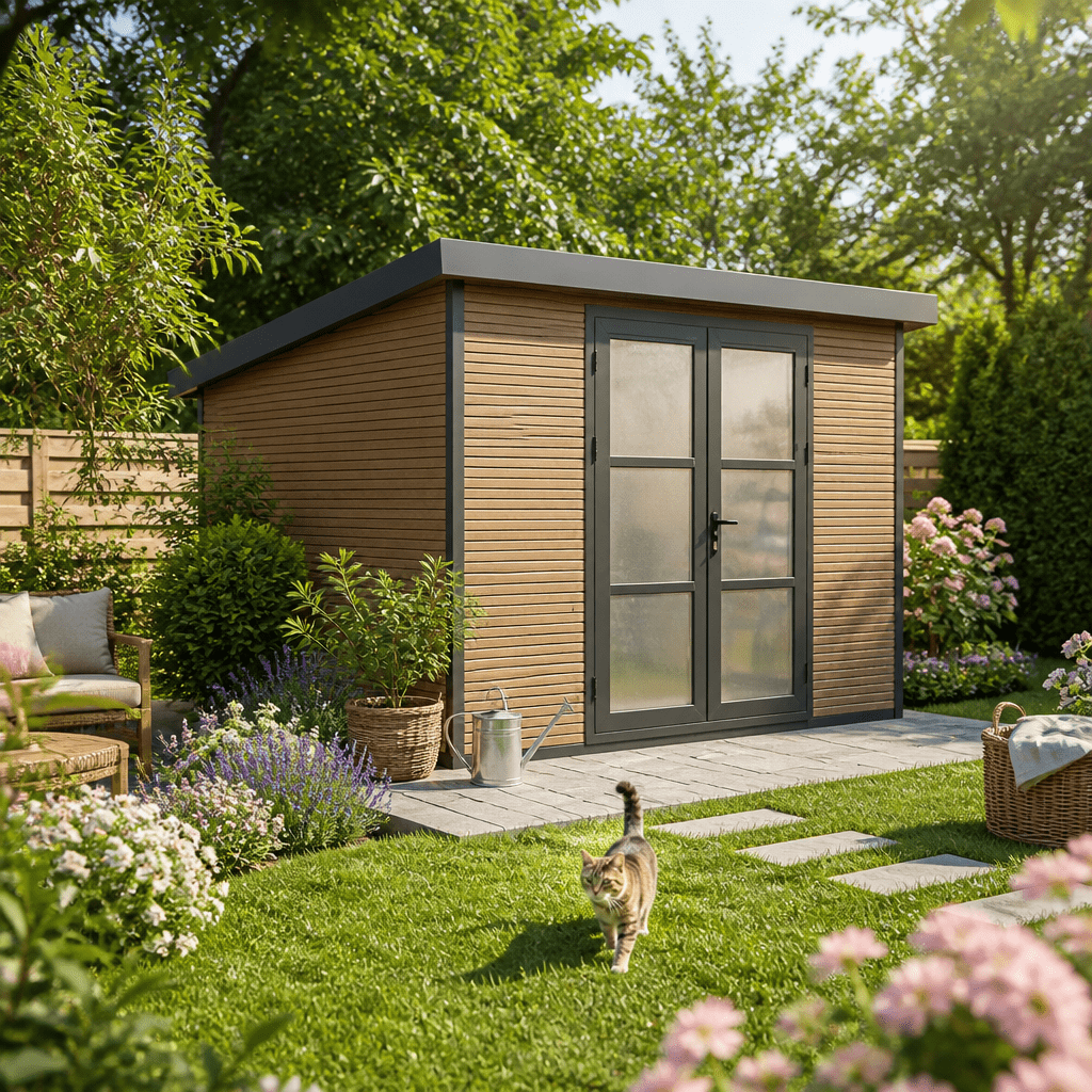 26% Rabatt ✓ 3 × 3 m | WPC Gartenhütte FineLine 8,4 m² Teak | modern