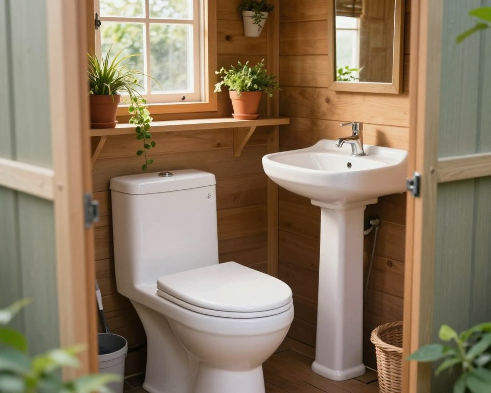 Sanitäranlagen Gartenhütte mit kompakter Toilette und Waschbecken