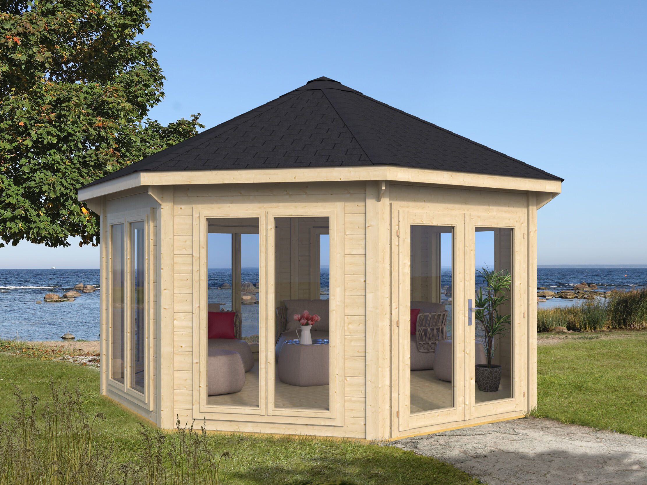 Gartenpavillon Modell Modern 12 m² mit 7 Fenstern 4x3m