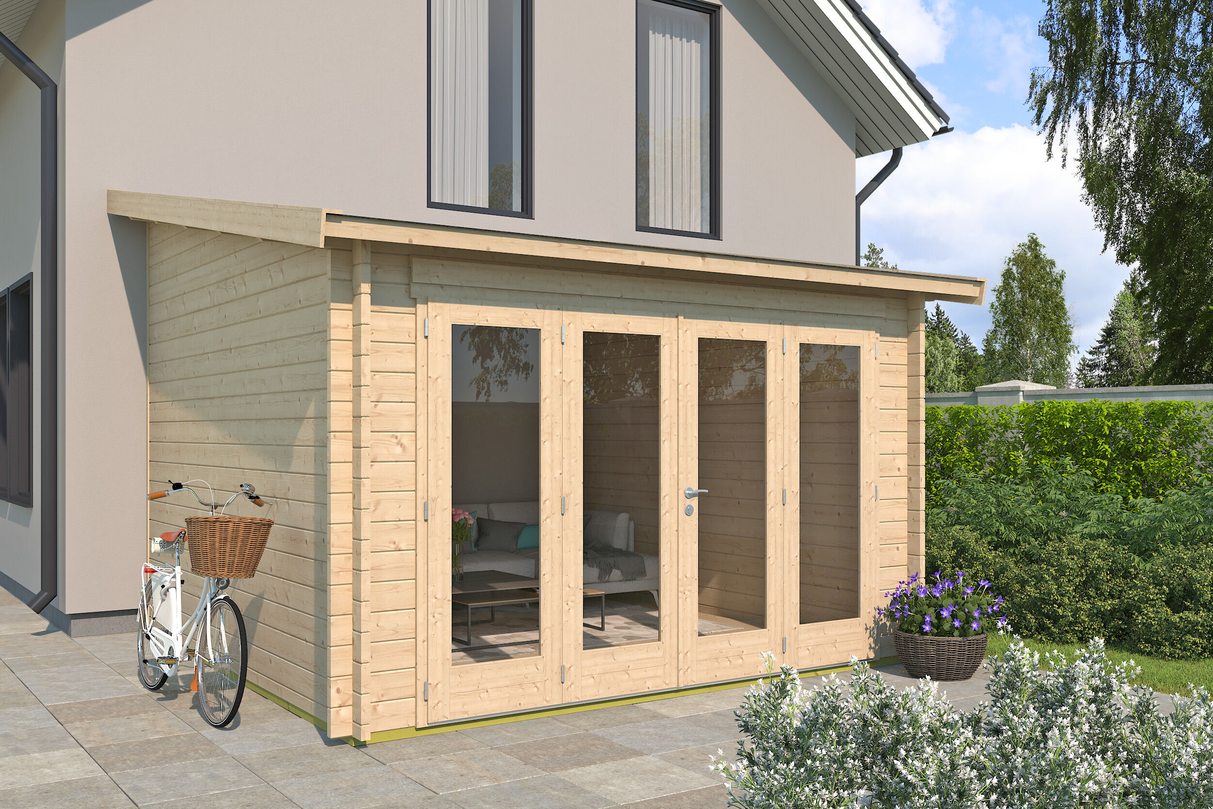 26% Rabatt ! Gartenhütte Modell Anbau Lounge 44 B 4x3m