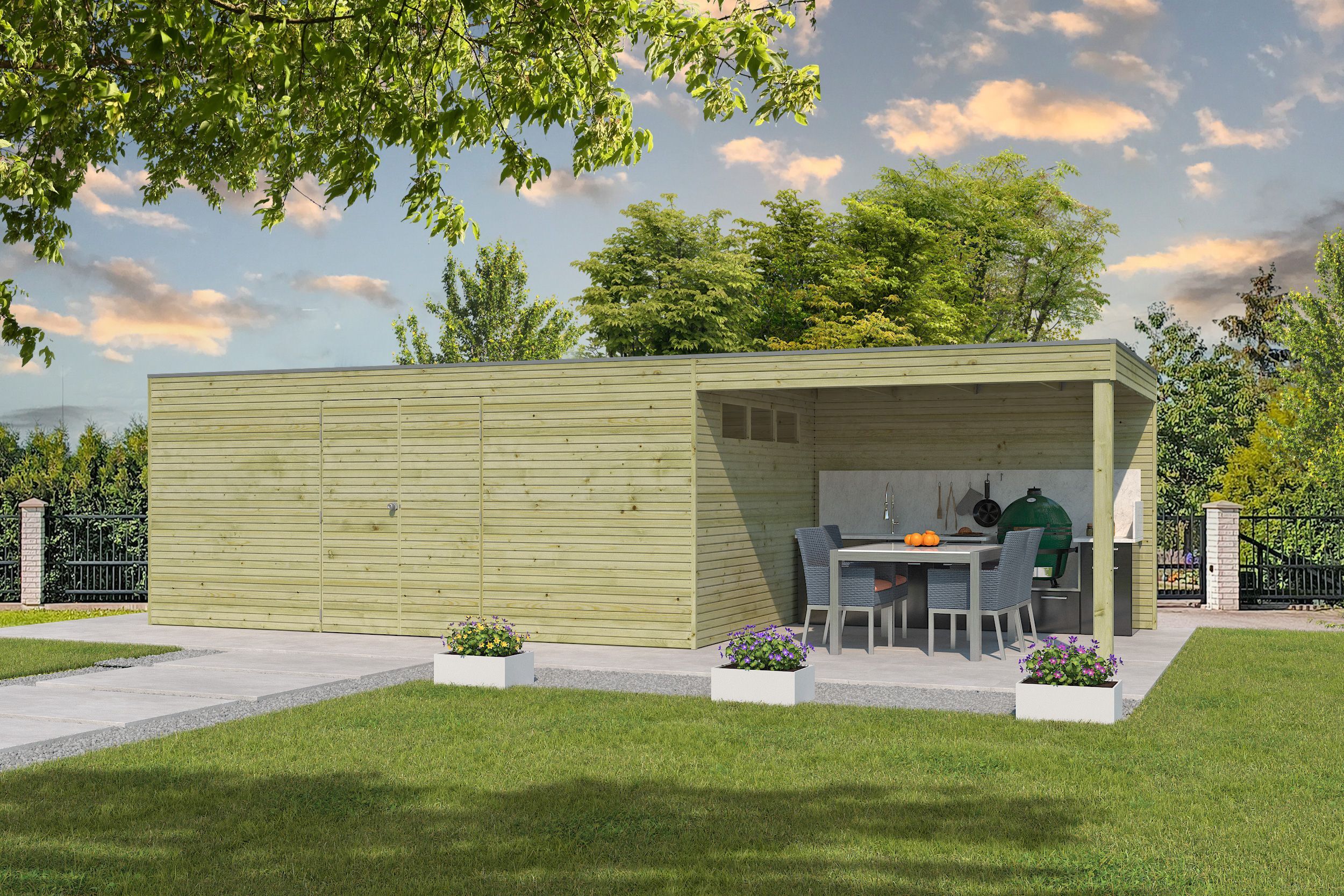 26% Rabatt ! Gartenhaus Modell QB-Line 15,30 m² + 300 cm Anbau