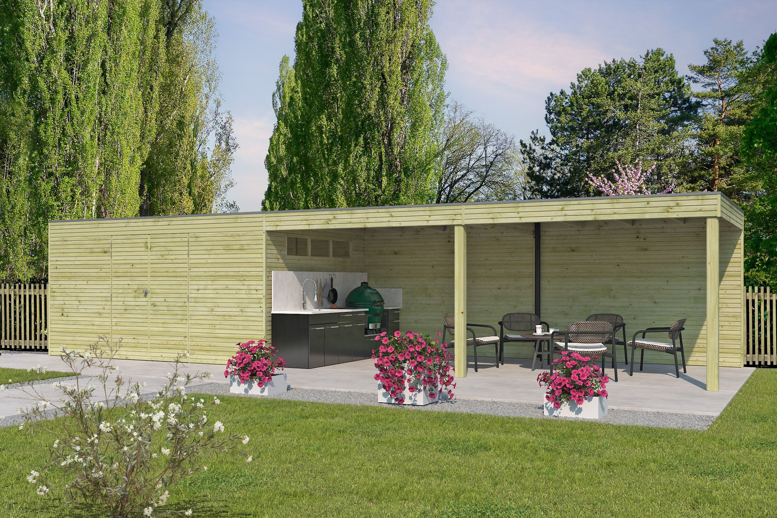 26% Rabatt ! Gartenhaus Modell QB-Line 12,60 m² + 600 cm Anbau