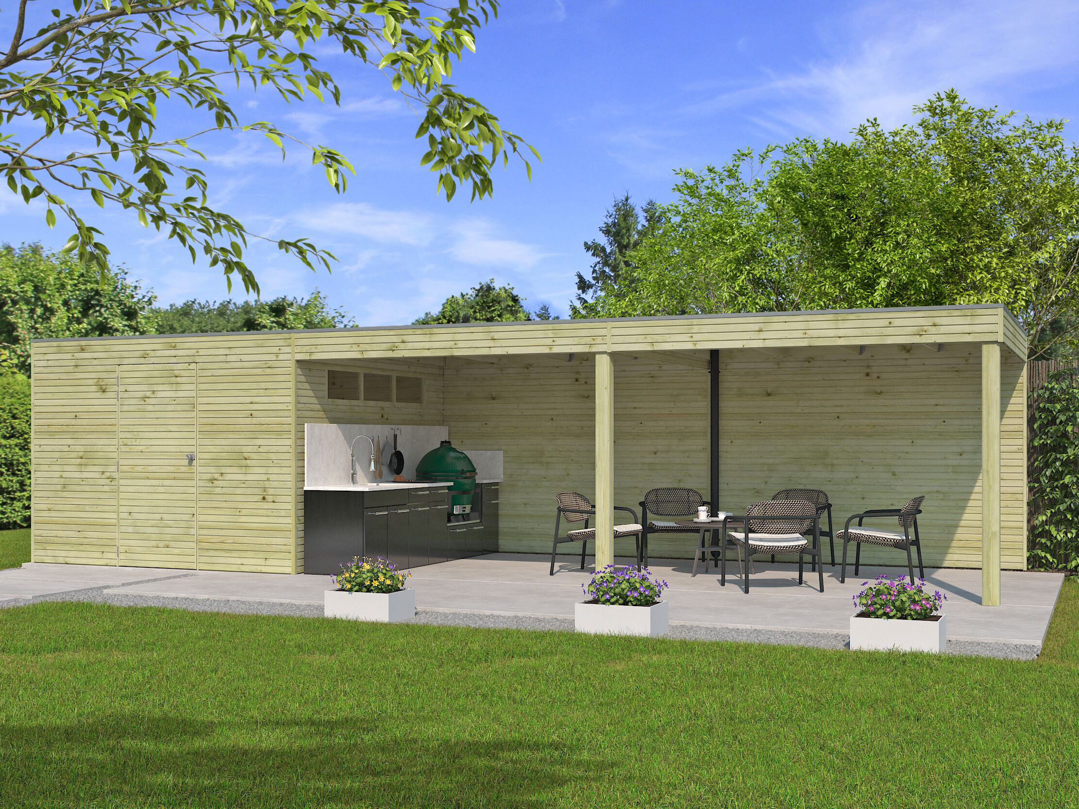 26% Rabatt ! Gartenhaus Modell QB-Line 9,00 m² + 600 cm Anbau