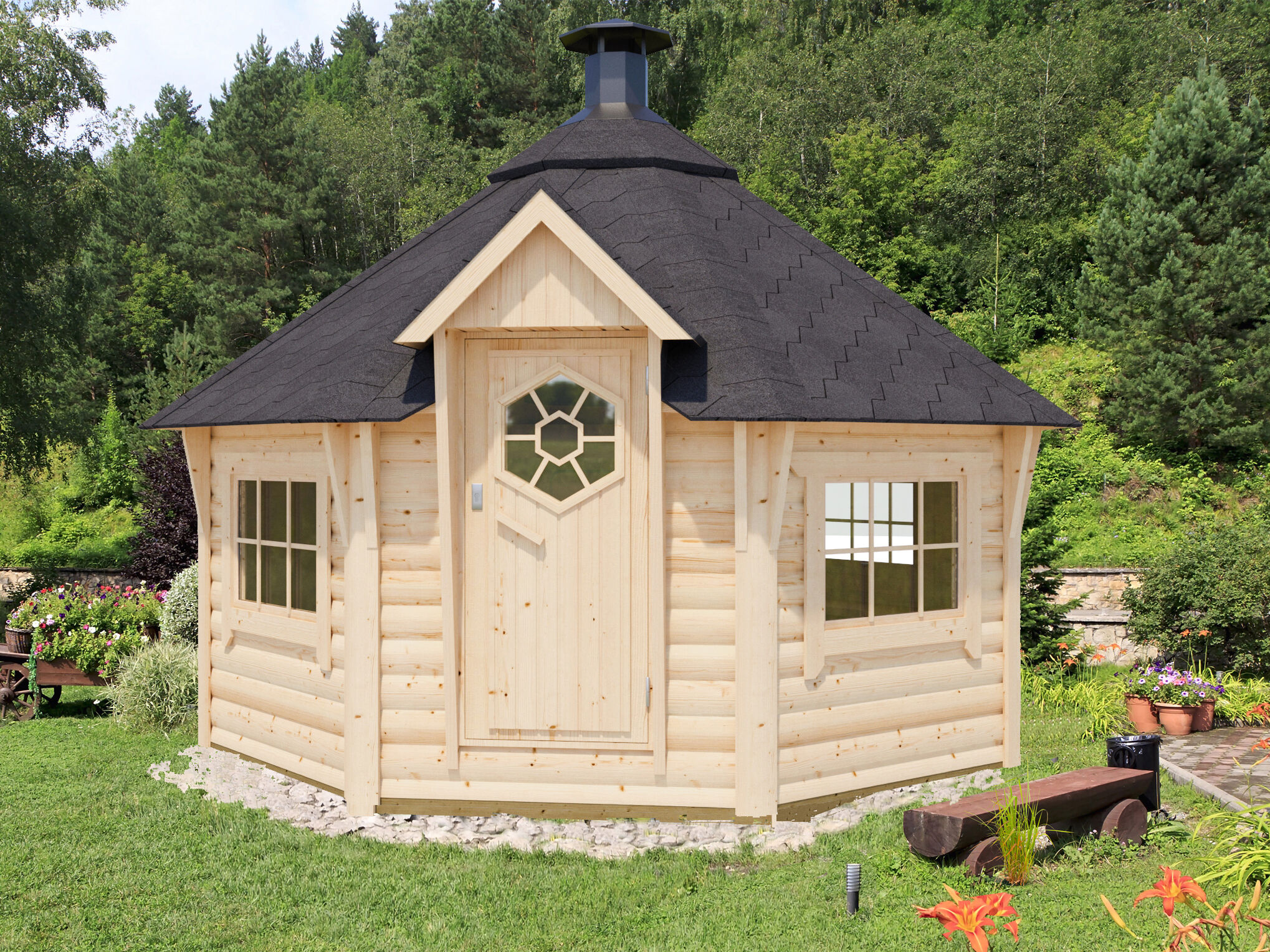 26% Rabatt ! Fjordholz 8-Eck Grillkota Modell Lasse 12,0m² DeLu