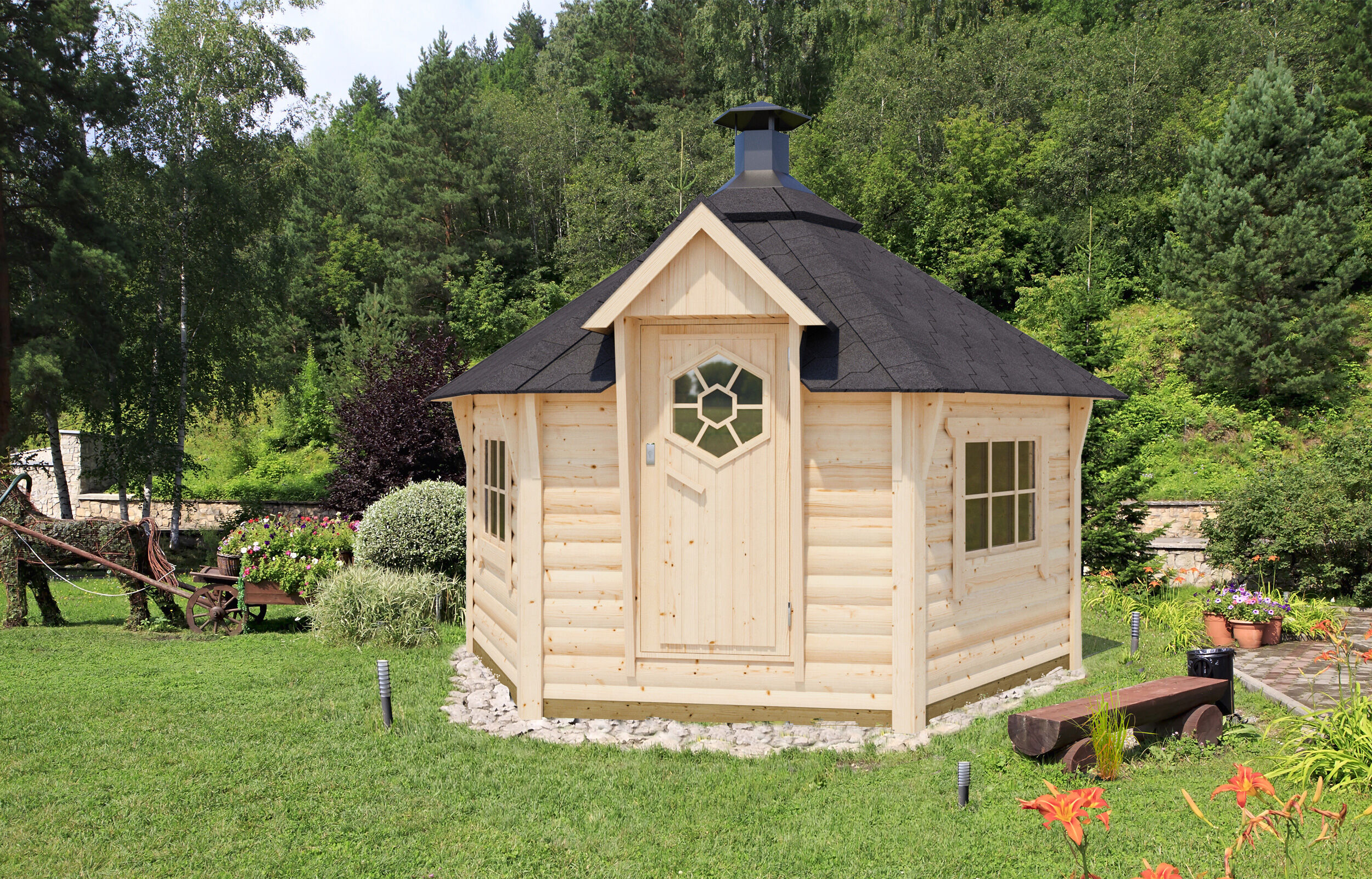 26% Rabatt ! Fjordholz 6-Eck Grillkota Modell Lasse 9,0m² DeLux