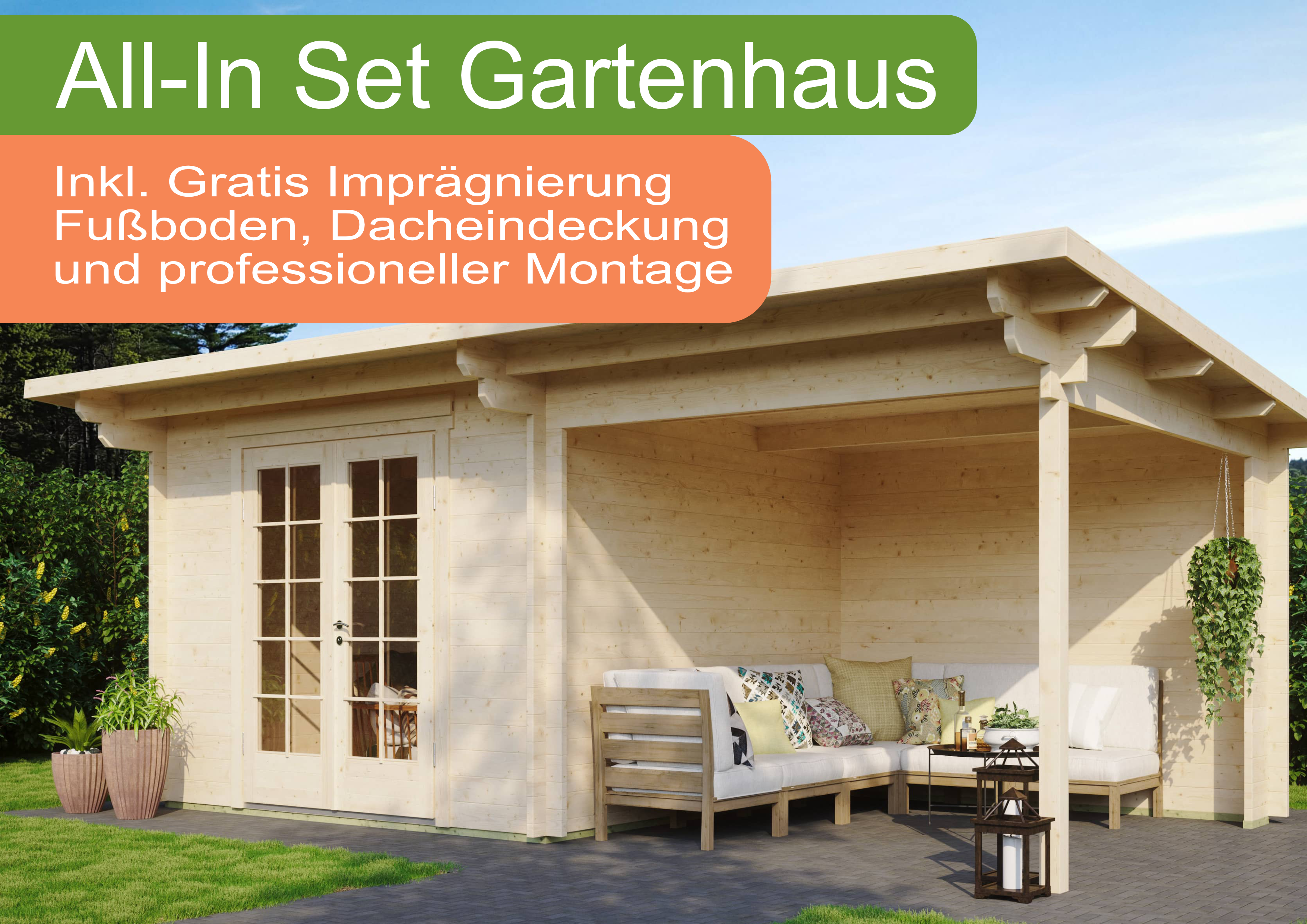 26% Rabatt ! All-In Gartenhaus mit Terrasse inkl. Montage (wahl