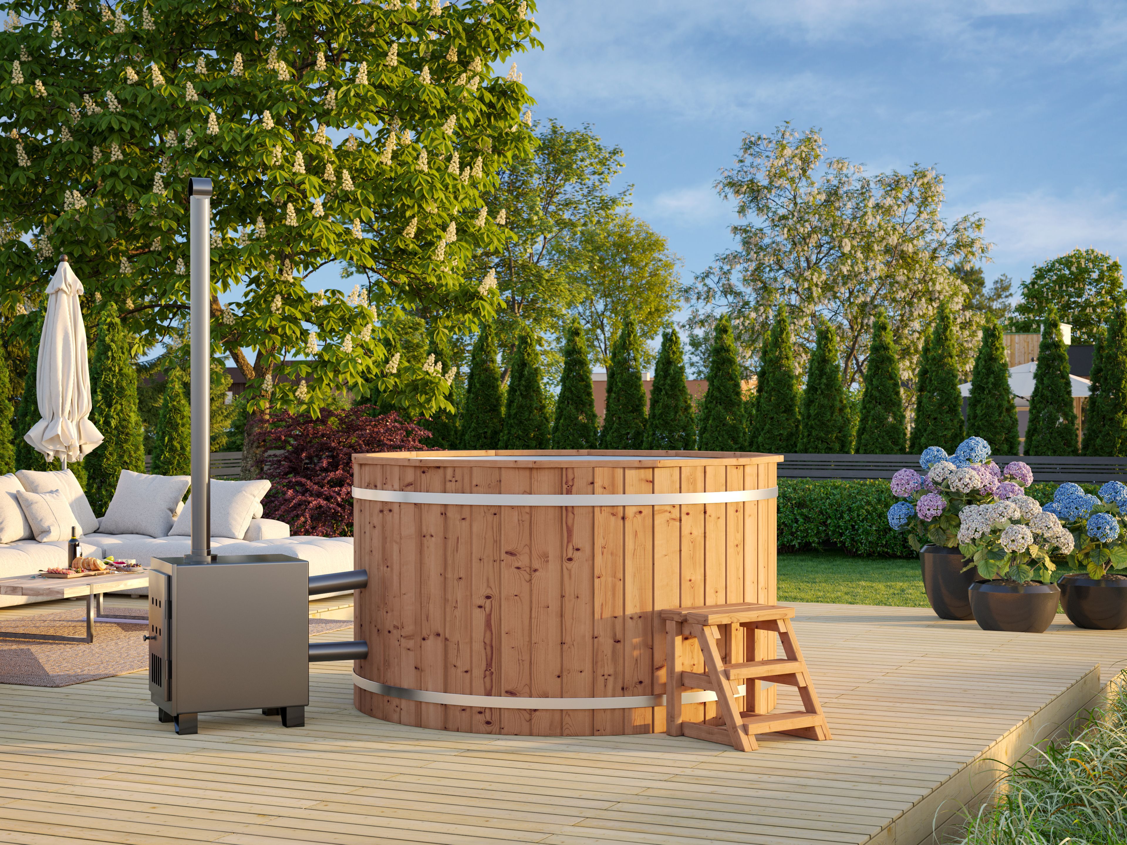 26% Rabatt ! Fjordholz Holzbadezuber Rund mit Außenofen und Ede