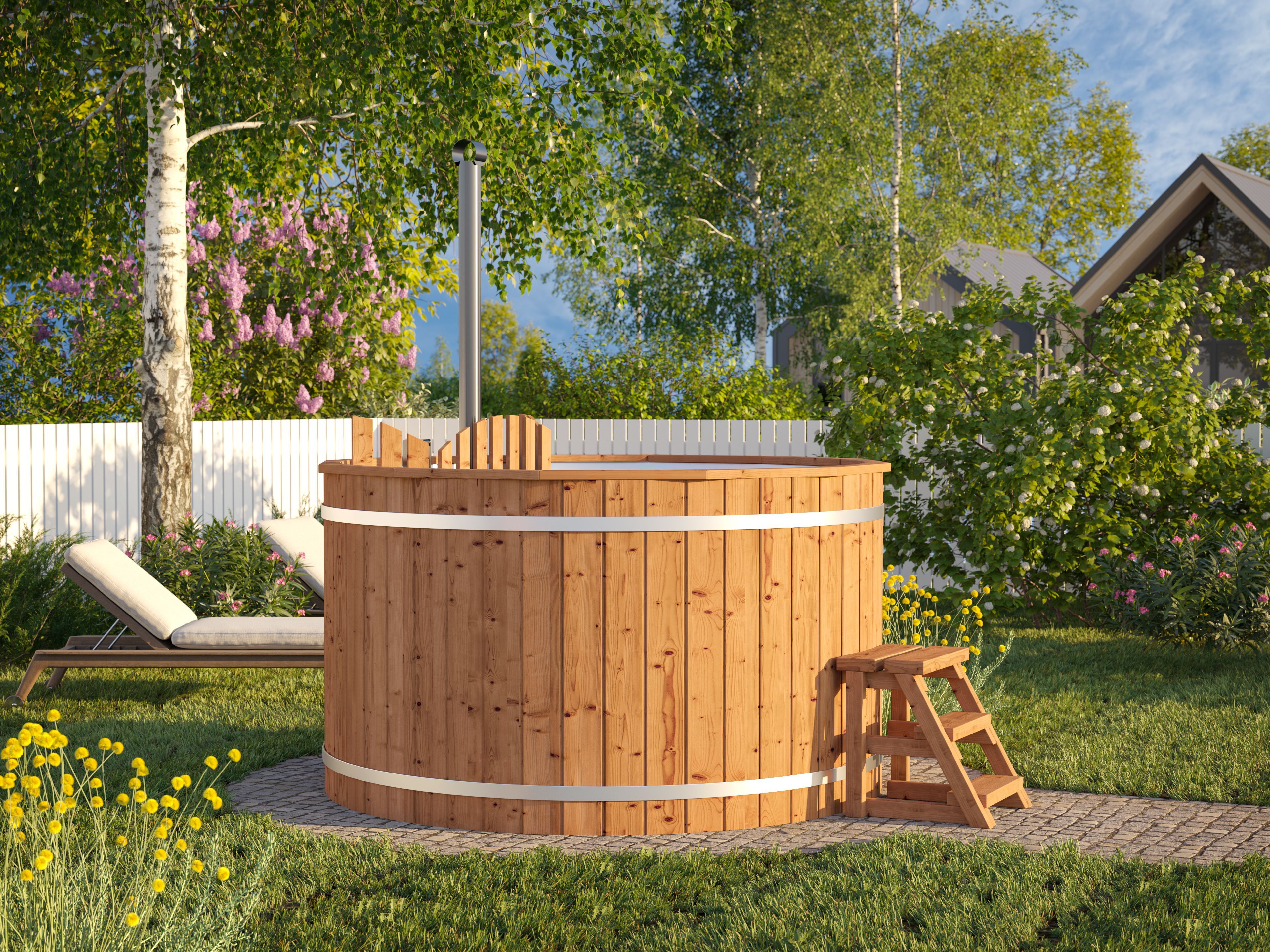 26% Rabatt ! Fjordholz Holzbadezuber Rund mit Innenofen und Ede